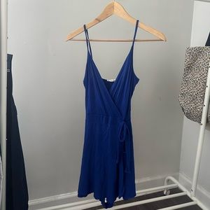 royal blue wrap mini dress with side tie